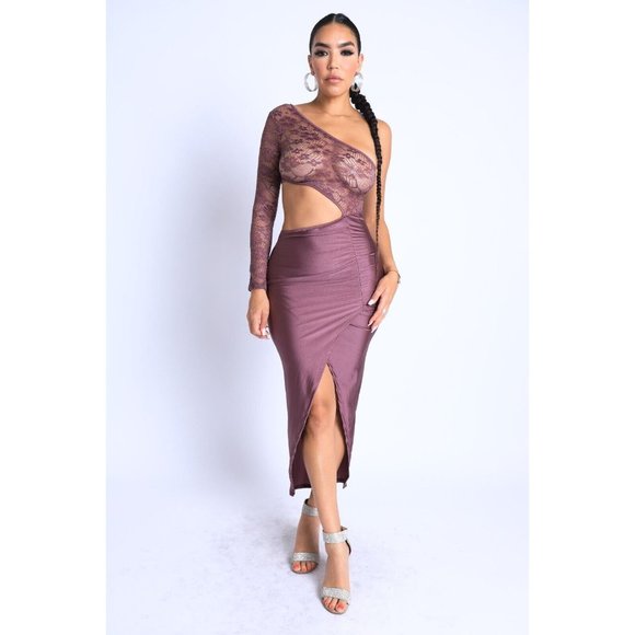 Women's Sexy Asymmetric Cut Out One Sleeve Wrap Midi Dress Dust Mauve S M L - Picture 12 of 12
